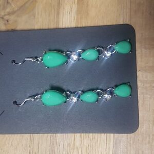 Green 3 stone earrings with rhinestones